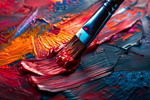 Close up of art brush painting thick oil paint strokes on canvas. KI generiert, generiert, AI