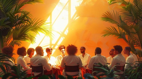 Circle of individuals in white, engaged in conversation amid an ambient setting with palm trees, AI