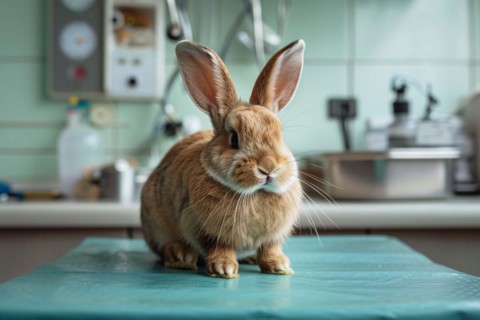 Bunny sitting on table at vet. KI generiert, generiert, AI generated