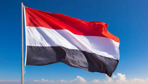 The flag of Yemen, fluttering in the wind, isolated, against the blue sky