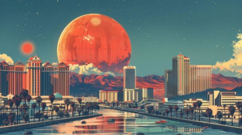A cityscape with futuristic elements and a large planet in the pastel-colored sky, ai generated, AI