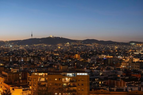 View of the Tibidabo and the city of Barcelona by night, Barcelona, Spain, Europe