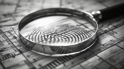Magnifying glass resting on a fingerprint on paper. generative AI, AI generated
