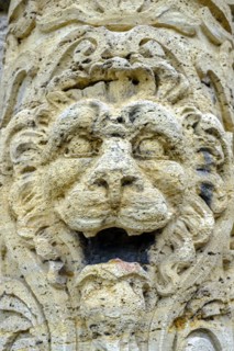 Historic ornamental and facade element made of stone in the shape of a lion's head, old town centre