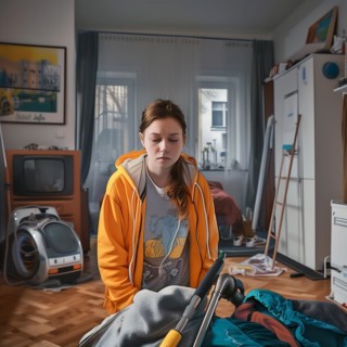 Young woman can be seen vacuuming a cosy interior, No desire to tidy up, AI generated
