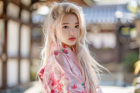 Beautiful young woman with pink kimono. KI generiert, generiert, AI generated