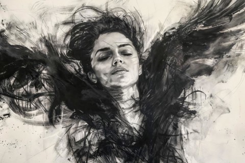 A woman lies with closed eyes and spread wings, captured in a drawing, raven woman, cover design,