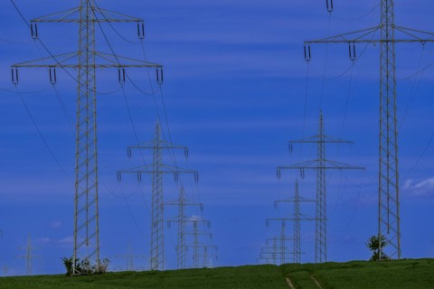 Power pylons with high-voltage lines at the Avacon substation in Helmstedt, Helmstedt, Lower