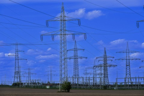 Power pylons with high-voltage lines at the Avacon substation in Helmstedt, Helmstedt, Lower