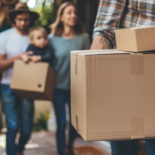A family laughs as they carry apartment relocation boxes into the house, apartment relocation,