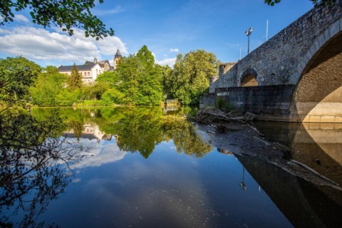 View of an old town, half-timbered houses in a town. Streets and bridges at the river Lahn in the
