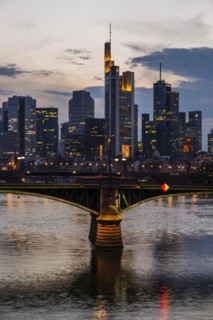 Skyline and banking district at sunset, twilight, Tower 185, Commerzbank, HelaBa, Hessische