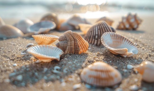 Close-up of seashells scattered along the sandy shore AI generated