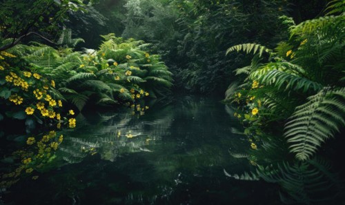 A tranquil pond surrounded by lush greenery AI generated