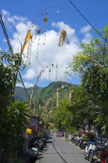 Ornate jewellery woven from palm leaves on bamboo poles, on a village street in Amed, Karangasem,