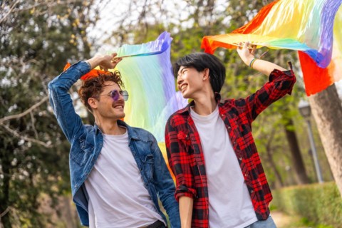 Gay couple holding hands strolling happily in a park raising lgbt rainbow hand fans