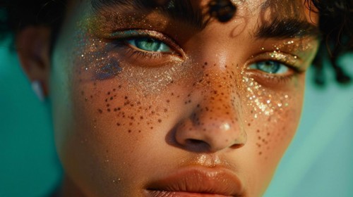 Close-up portrait of non binary person with sparkling glitter on skin and striking blue eyes