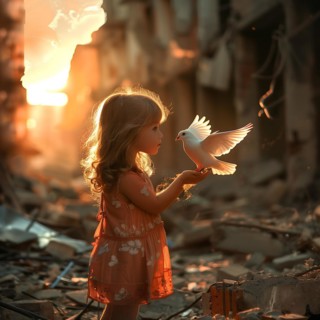 A girl in an orange dress holds a dove in front of a backdrop of ruins in the light of the setting