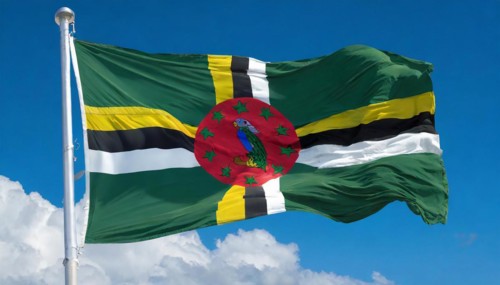 The flag of Dominica, Lesser Antilles, Caribbean, fluttering in the wind, isolated, against the