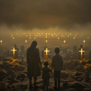 Two children and an adult figure looking at a cemetery in dim light, war, war graves, military