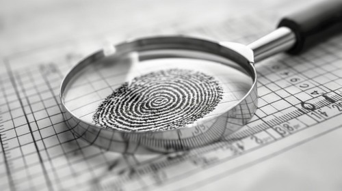 Magnifying glass resting on a fingerprint on paper. generative AI, AI generated