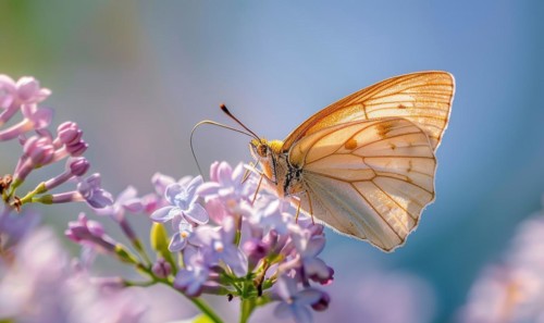 Close-up of a butterfly resting on lilac blossoms AI generated