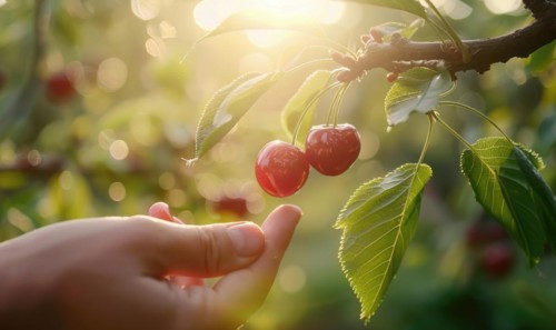 Close-up of a ripe cherry being plucked from a tree AI generated