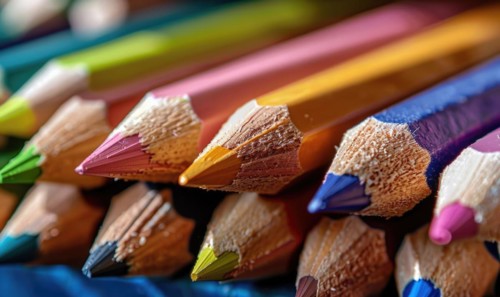 Close-up of a bunch of colored pencils, abstract background with colored pencils macro view AI