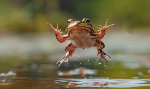 Close-up of Rana arvalis in mid-jump AI generated