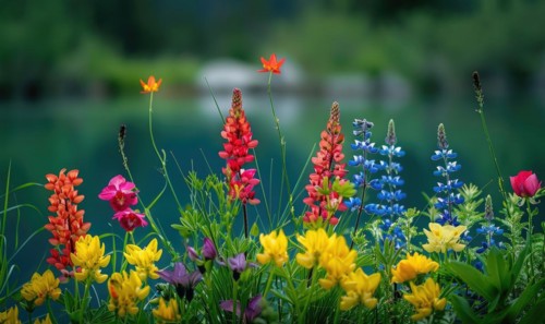 Close-up of vibrant wildflowers lining the banks of a spring lake AI generated