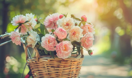A vintage bicycle adorned with peony flowers in a basket AI generated