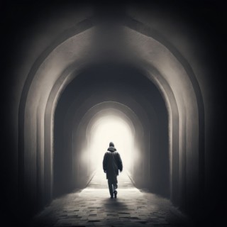 Silhouette of a person walking towards light at the end of a dark tunnel, AI generated
