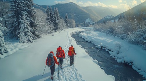 Snowshoers traveling alongside a river in a beautiful snow-covered landscape with winter trees and
