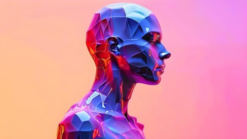 AI generated human portrait transitioning from lifelike human to a pixelated digital effect