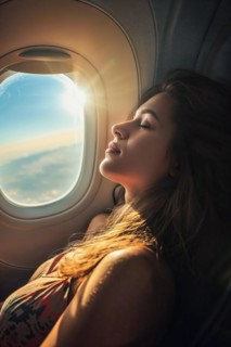 Woman sleeping relaxed at the aircraft window next to the bright sky outside, AI generated, AI