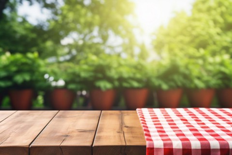 Empty wooden table with red and white checkered tablecloth in front of blurry background with