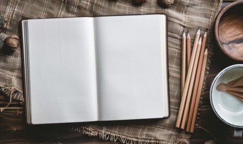 A sketchbook open to a blank page with graphite pencils beside it AI generated