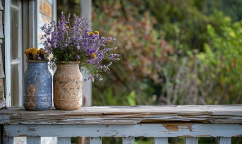 A weathered porch railing decorated with jars of lavender AI generated