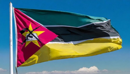 The flag of Mozambique, fluttering in the wind, isolated, against the blue sky