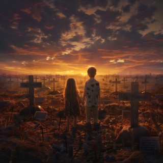 Children from behind watching the sunrise on a silent cemetery, war, war graves, military cemetery,