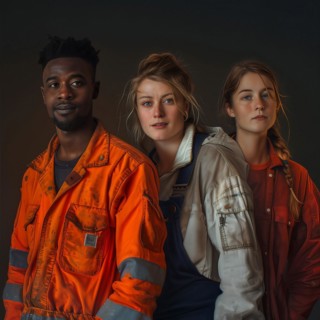 Three young people in conspicuous security clothing look serious and trusting, group picture with