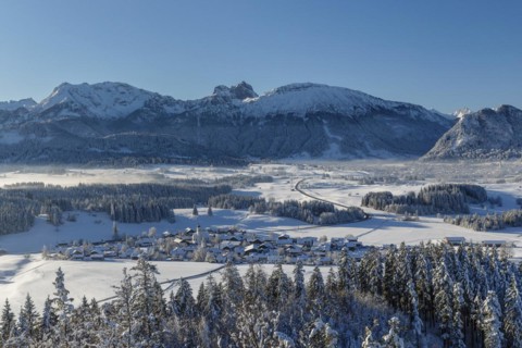 View from the Eisenberg castle ruins over Zell to the Tannheim mountains, Allgaeu, Swabia, Bavaria,