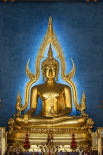 Golden Buddha statue, Bhumispara-mudra, Buddha Gautama at the moment of enlightenment, in the