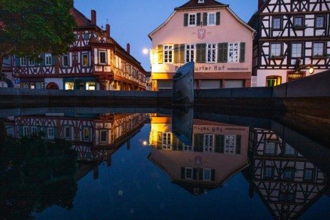 View of an old town, half-timbered houses and streets in a town. Seligenstadt am Main, Hesse