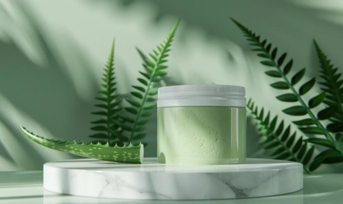 Aloe vera gel product promotion featuring a blank jar mockup showcased on a marble produce podium