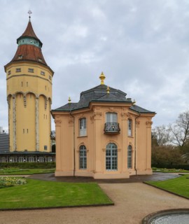 Historic water tower and Pagodenburg Castle, Murgpark, former residence of the Margraves of