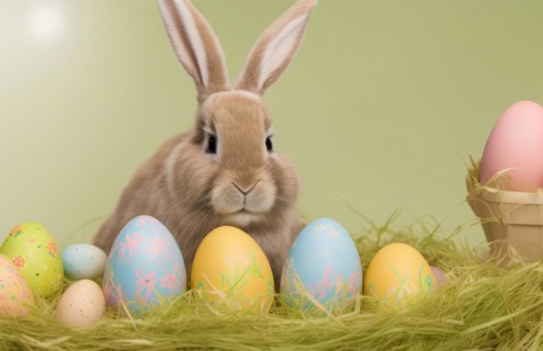 Easter bunny with decorated eggs. Generative AI image, AI generated