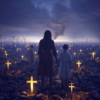 A woman and a girl look at a nocturnal, luminous cemetery, war, war graves, military cemetery, AI