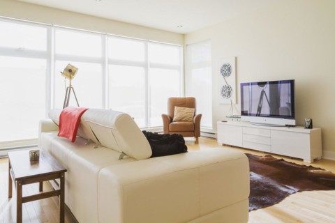 White leather sofa and brown sitting chair in living room inside a renovated ground floor apartment