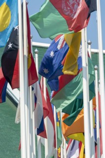 Many flags in front of the United Nations Conference Centre, Bangkok, Thailand, Asia